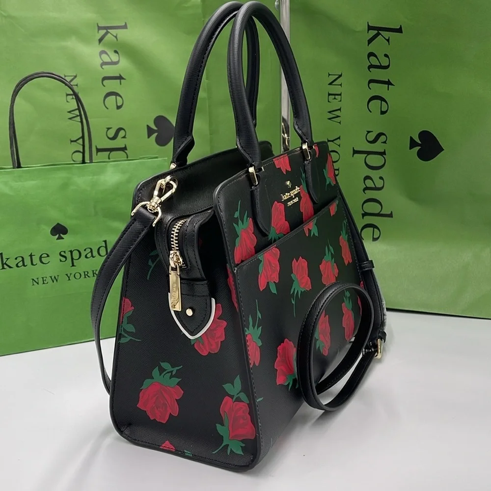 Kate Spade Madison Rose Toss Printed Medium Satchel COLOR: Black Multi NWT